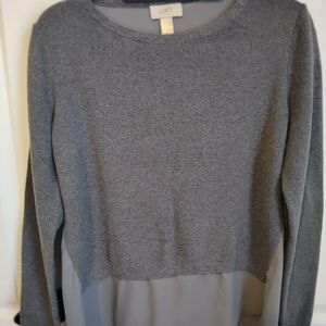 LOFT Gray Mixed-Media Crewneck Top